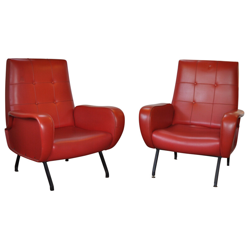 Italian pair of armchairs in red leatherette - 1950s