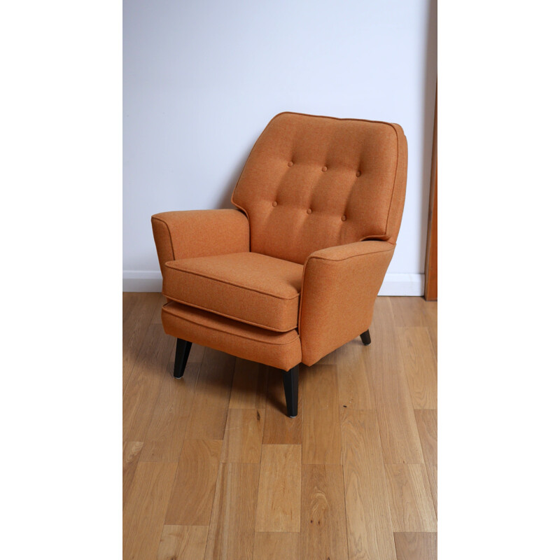 English RS Stevens armchair in orange wool fabric - 1950s