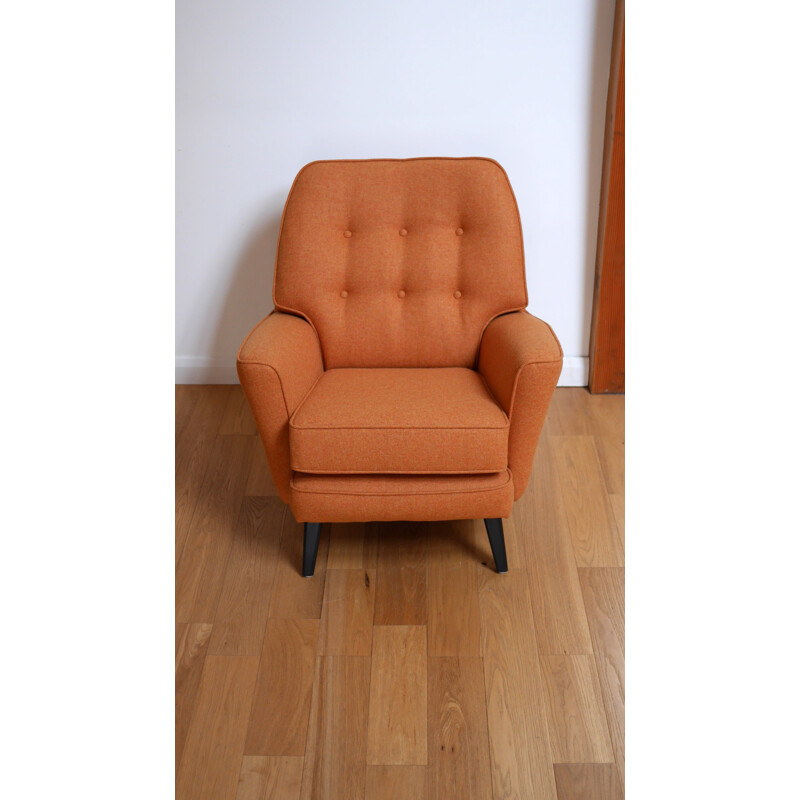 English RS Stevens armchair in orange wool fabric - 1950s