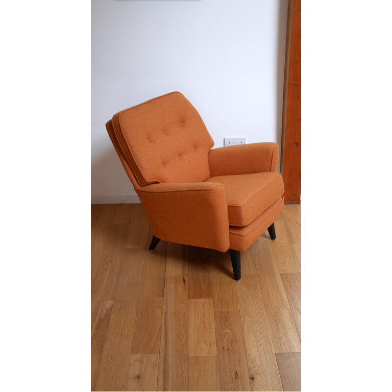 English RS Stevens armchair in orange wool fabric - 1950s