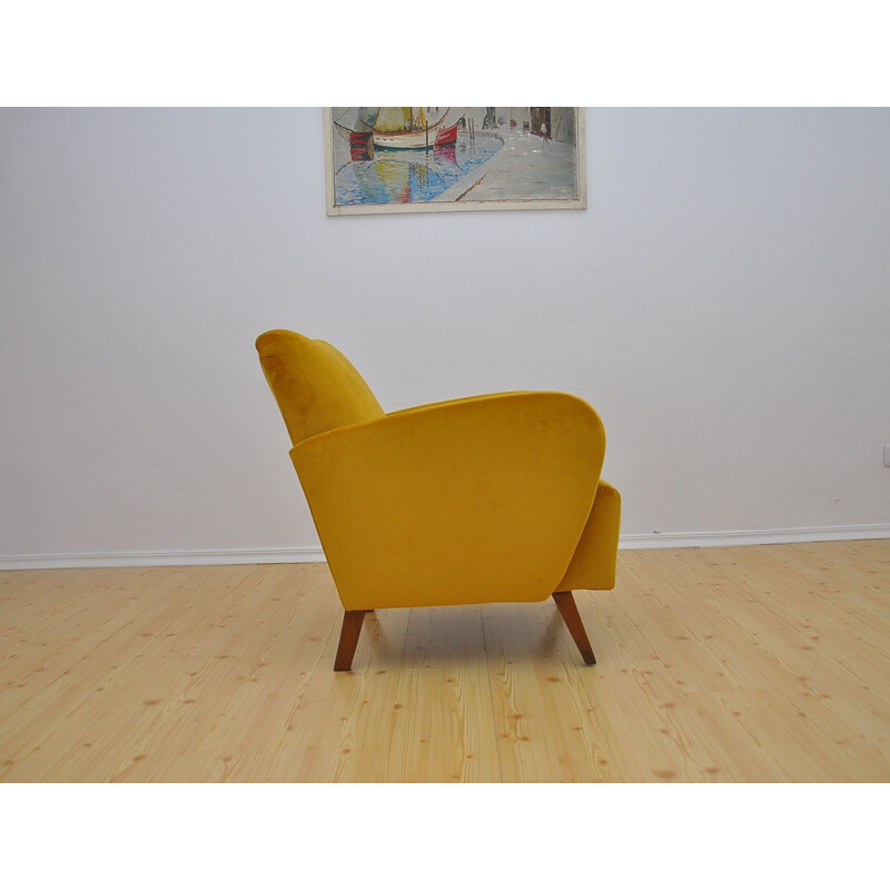 Art deco vintage armchair with honey-yellow velvet upholstery, 1960s