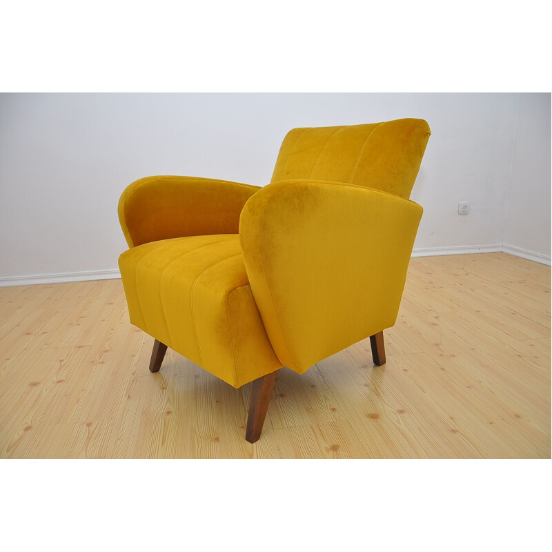 Art deco vintage armchair with honey-yellow velvet upholstery, 1960s