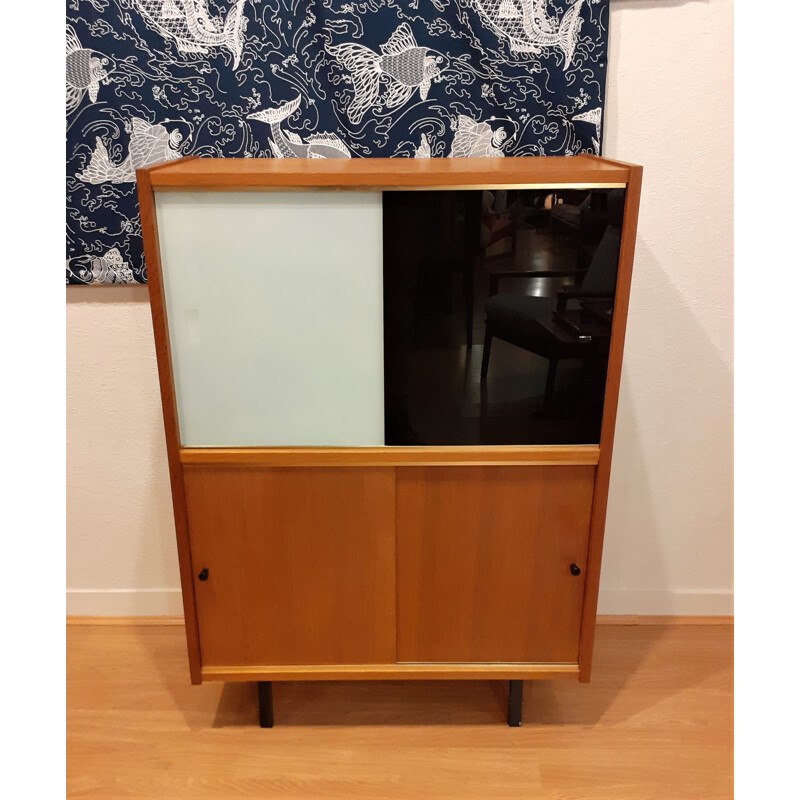 Vintage display case with four sliding doors in blond oak