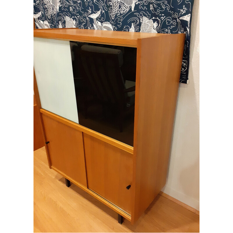 Vintage display case with four sliding doors in blond oak