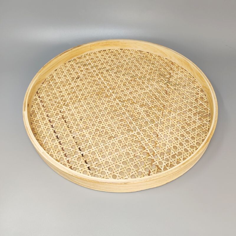 Vintage round tray in Viennese straw, Italy 1970s