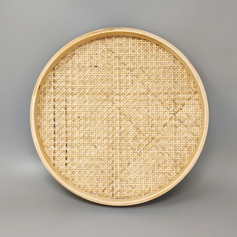 Vintage round tray in Viennese straw, Italy 1970s