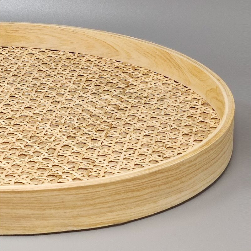 Vintage round tray in Viennese straw, Italy 1970s