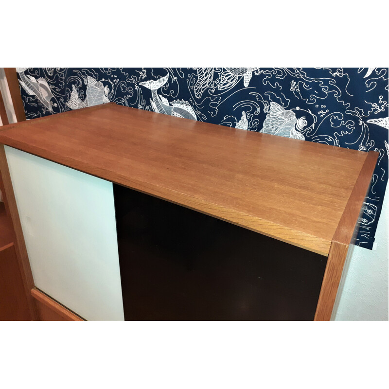 Vintage display case with four sliding doors in blond oak