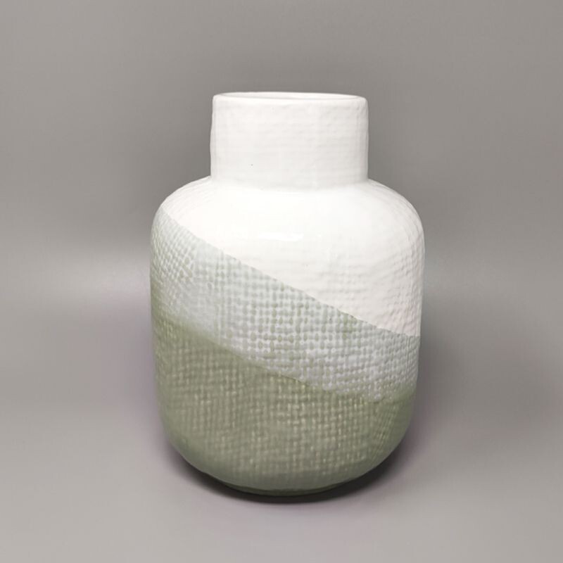 Vase vintage vert et blanc en céramique de F.lli Brambilla, Italie 1970