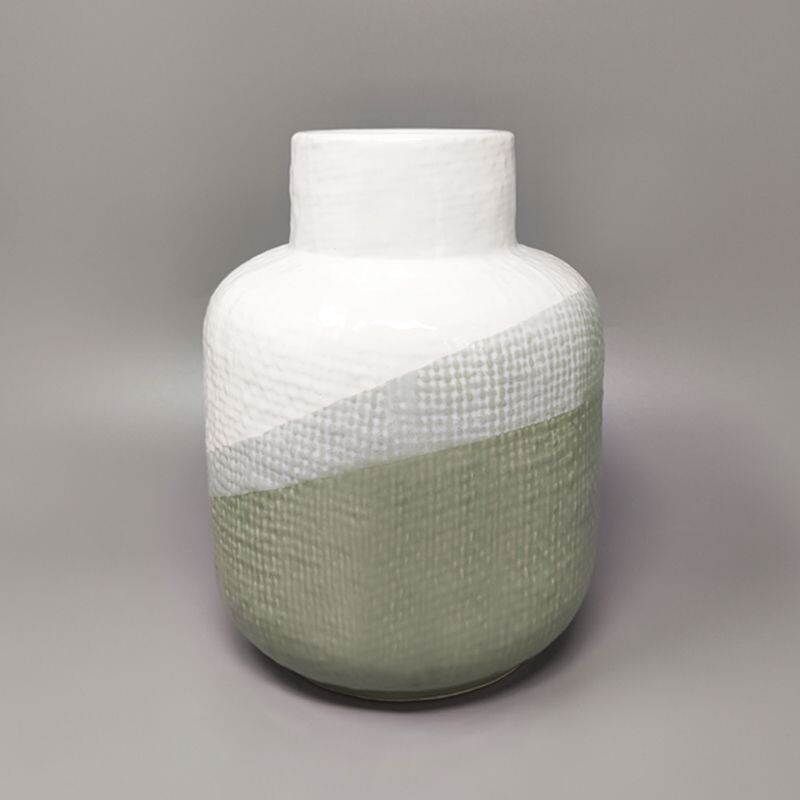 Vase vintage vert et blanc en céramique de F.lli Brambilla, Italie 1970