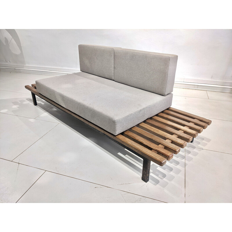 Vintage Cansado bench seat in mahogany with grey fabric mattress and cushion by Charlotte Perriand, 1954