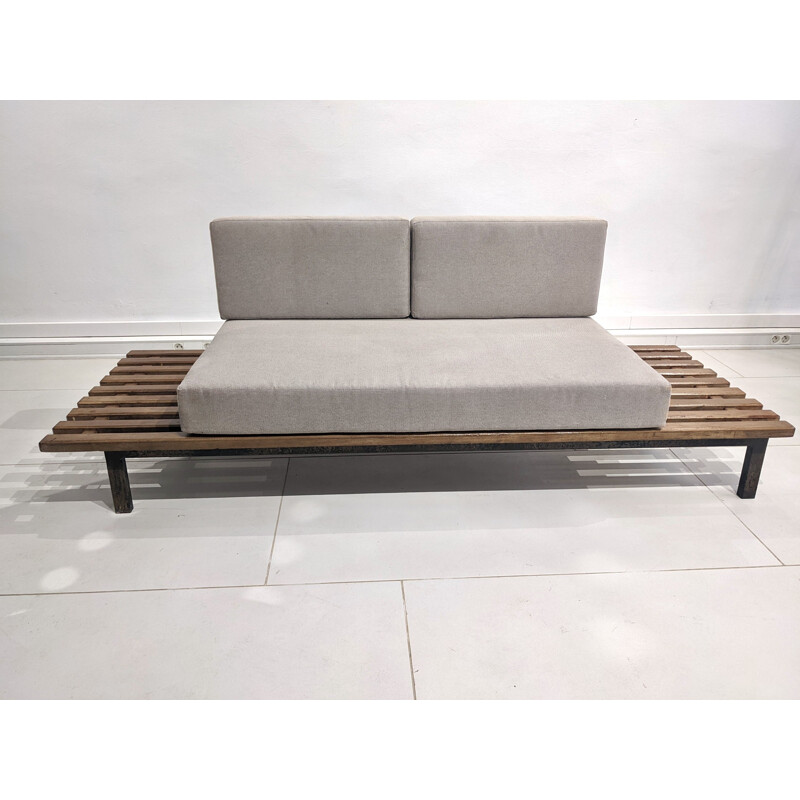 Vintage Cansado bench seat in mahogany with grey fabric mattress and cushion by Charlotte Perriand, 1954