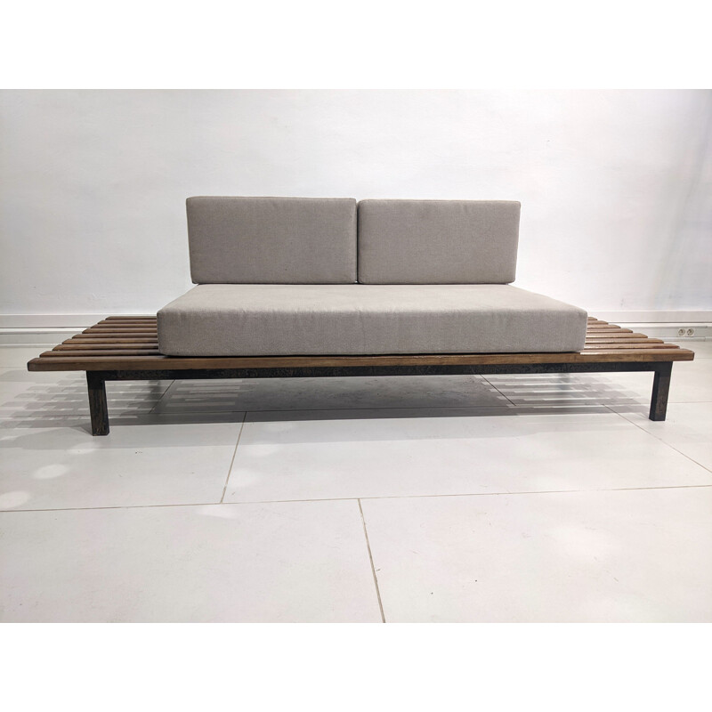 Vintage Cansado bench seat in mahogany with grey fabric mattress and cushion by Charlotte Perriand, 1954
