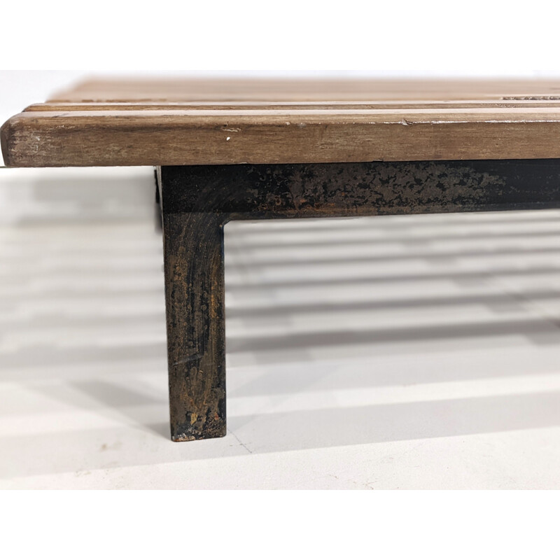 Asiento de banco Cansado vintage de caoba con colchón y cojín de tela gris de Charlotte Perriand, 1954