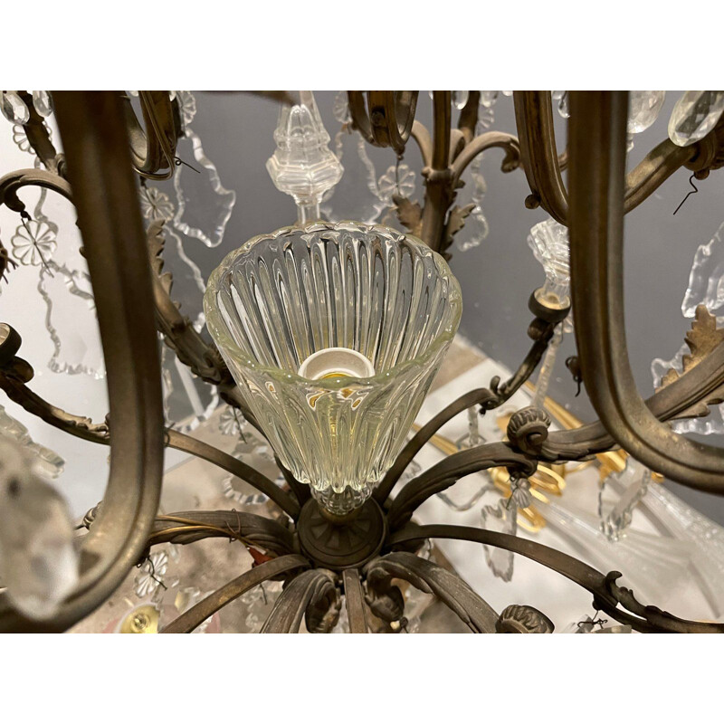 Vintage bronze and crystal chandelier with 25 lights, 1920s