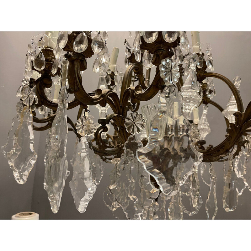 Vintage bronze and crystal chandelier with 25 lights, 1920s