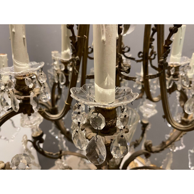 Vintage bronze and crystal chandelier with 25 lights, 1920s