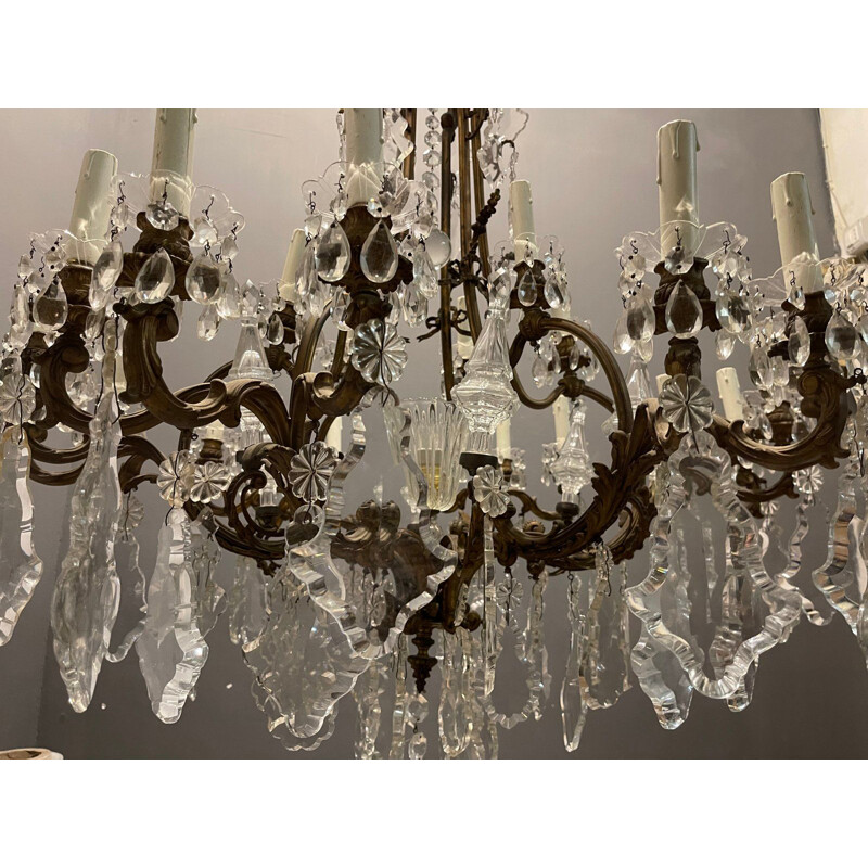 Vintage bronze and crystal chandelier with 25 lights, 1920s