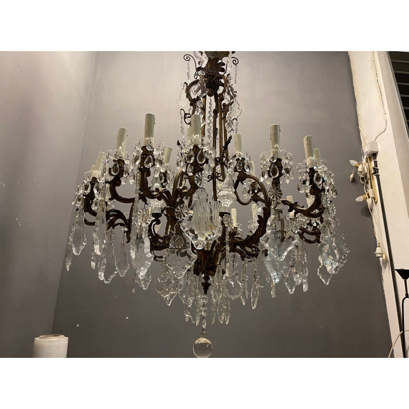 Vintage bronze and crystal chandelier with 25 lights, 1920s