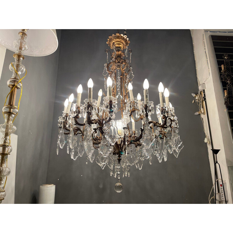 Vintage bronze and crystal chandelier with 25 lights, 1920s