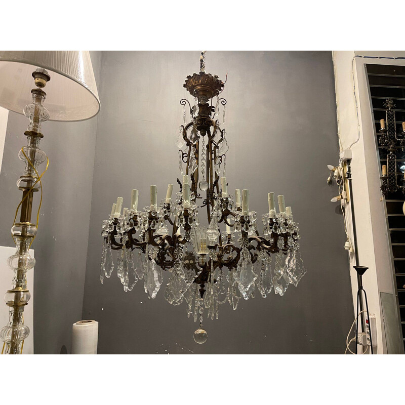 Vintage bronze and crystal chandelier with 25 lights, 1920s