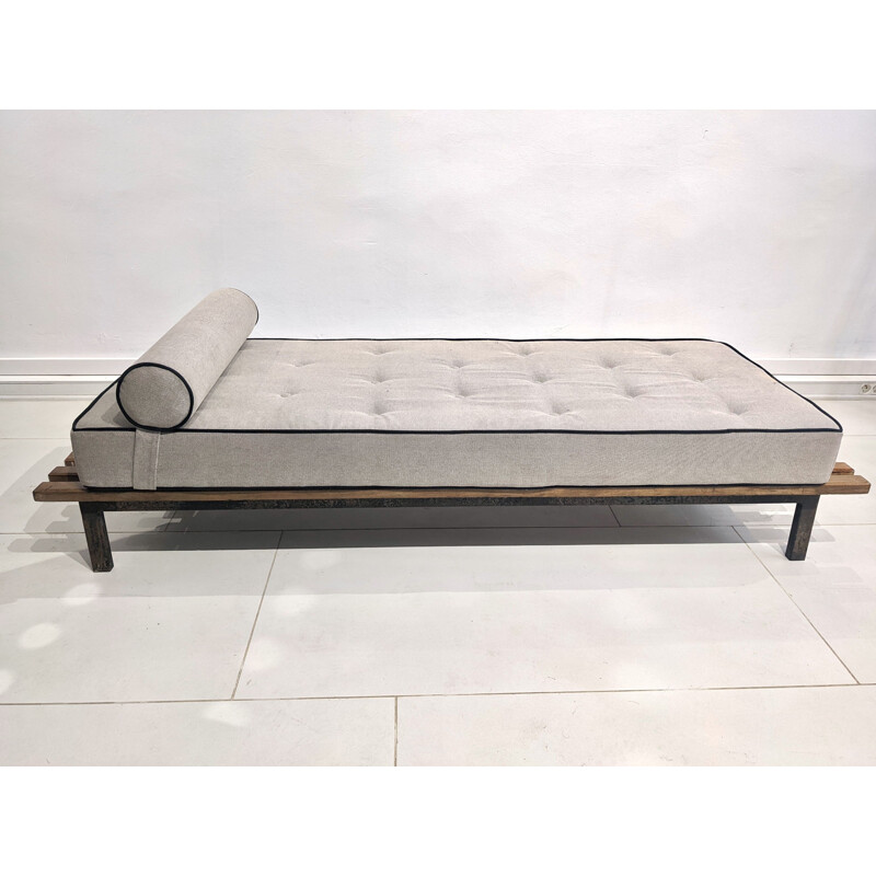 Vintage Cansado bench seat in mahogany with grey fabric mattress and bolster by Charlotte Perriand, 1954
