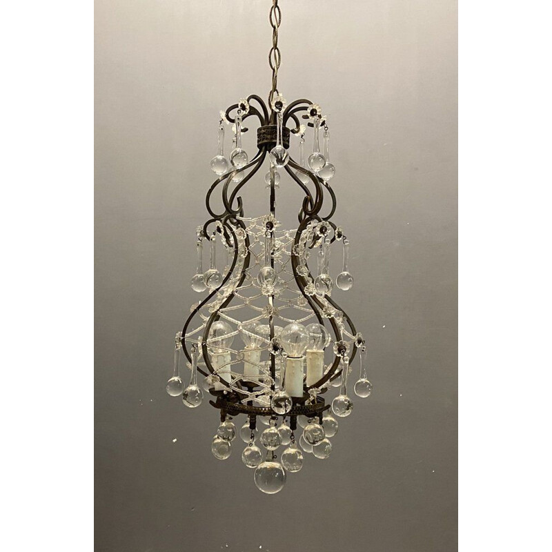 Lámpara colgante italiana vintage con gotas de cristal de Murano