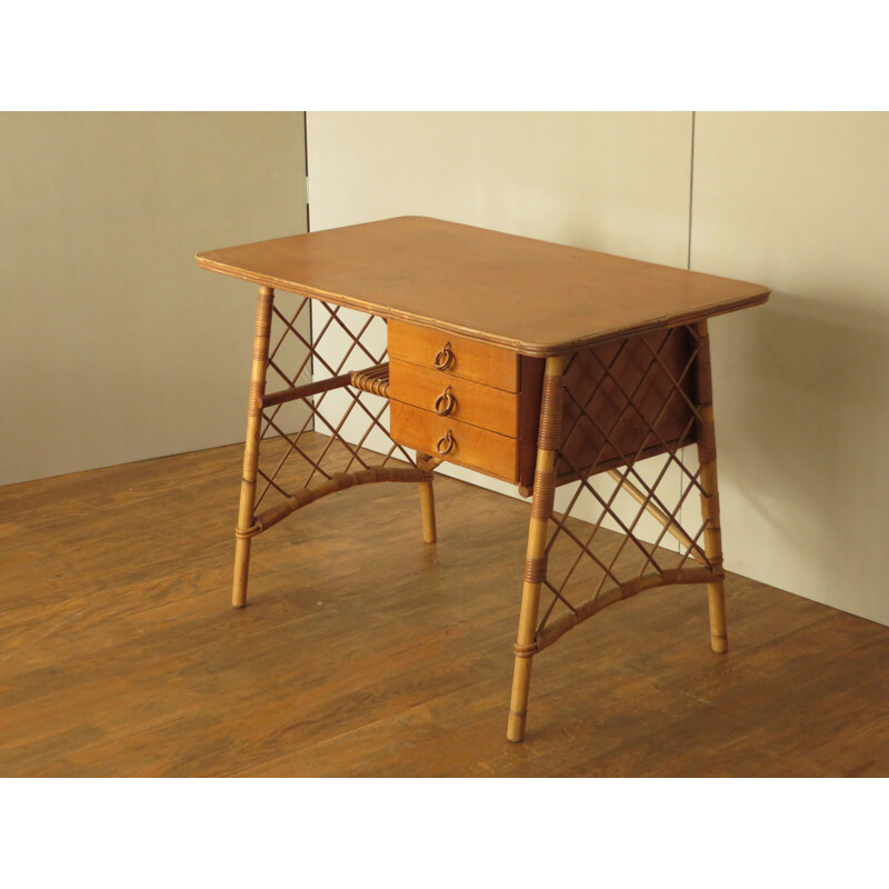 Rattan desk, Louis SOGNOT - 1950s