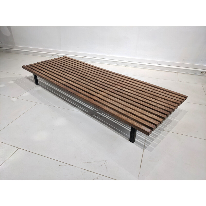 Vintage Cansado 13 slats bench with bolster and fabric mattress by Charlotte Perriand, 1954