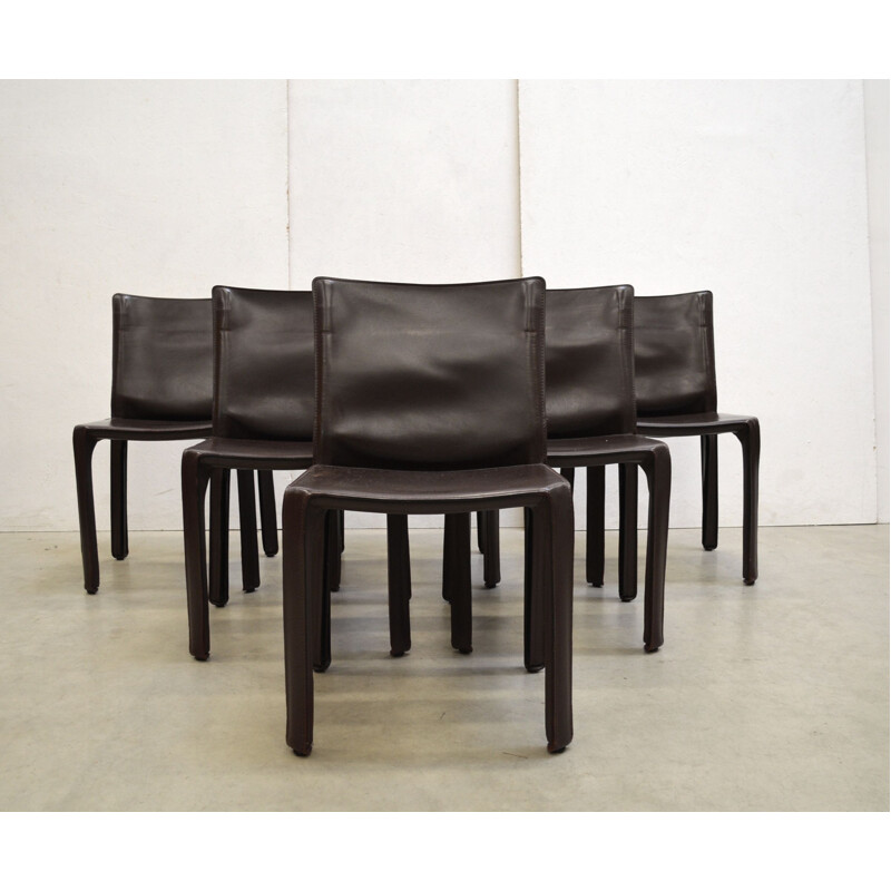 Ensemble de 6 chaises vintage en cuir par Mario Bellini pour Cassina, Italie 1980