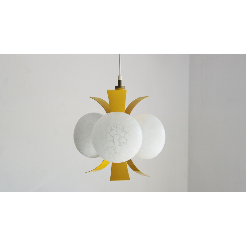 Vintage yellow pendant lamp with white glass, 1960s