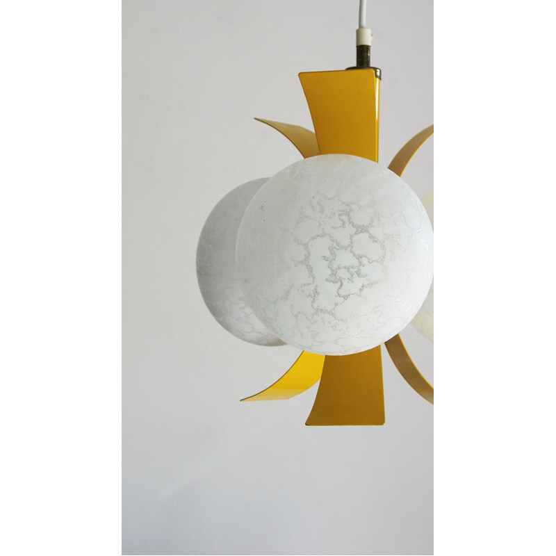 Vintage yellow pendant lamp with white glass, 1960s