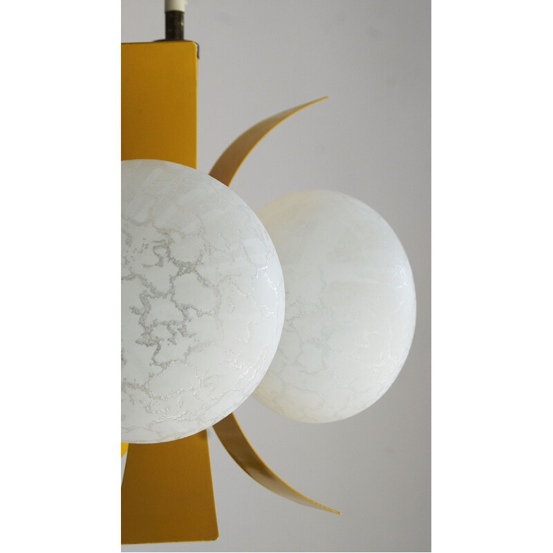 Vintage yellow pendant lamp with white glass, 1960s