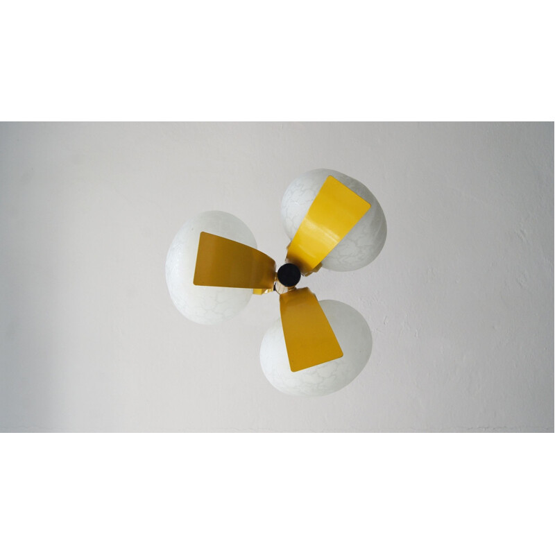 Vintage yellow pendant lamp with white glass, 1960s