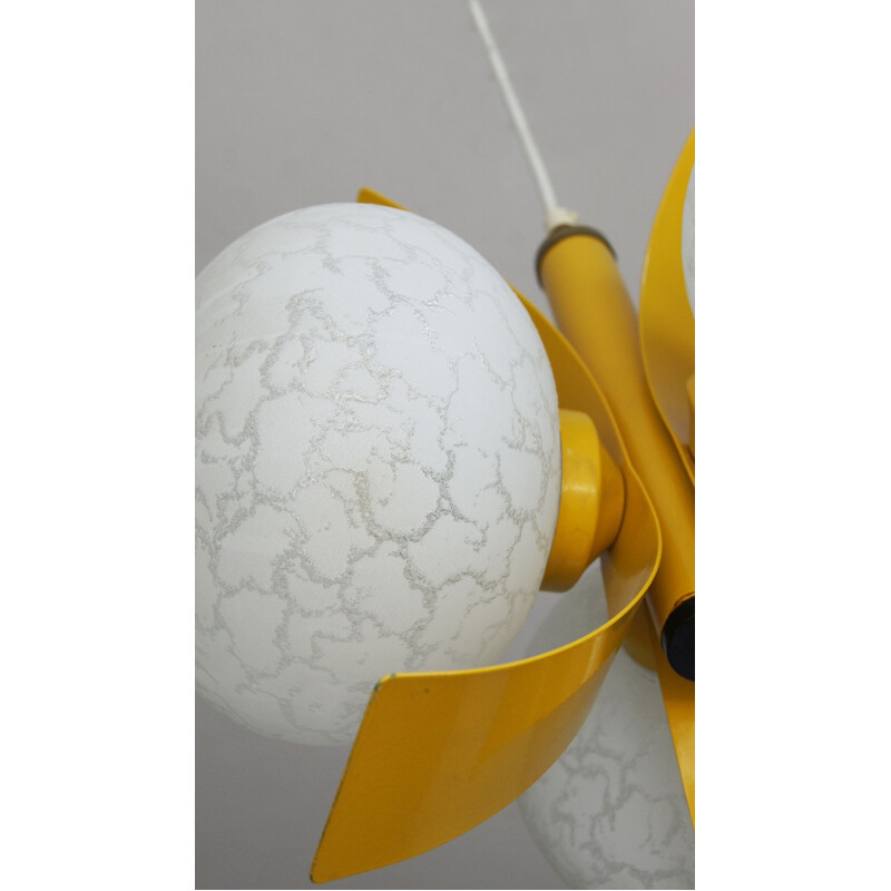 Vintage yellow pendant lamp with white glass, 1960s