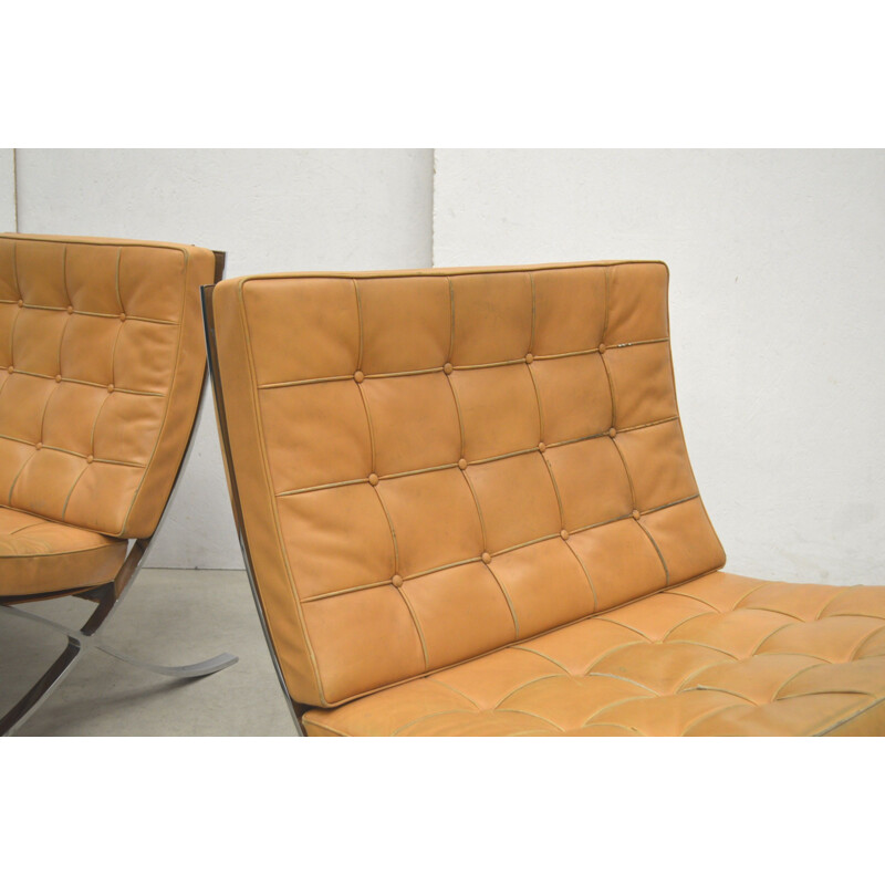 Pair of vintage cognac Barcelona armchairs by Mies van der Rohe for Knoll International, 1970s