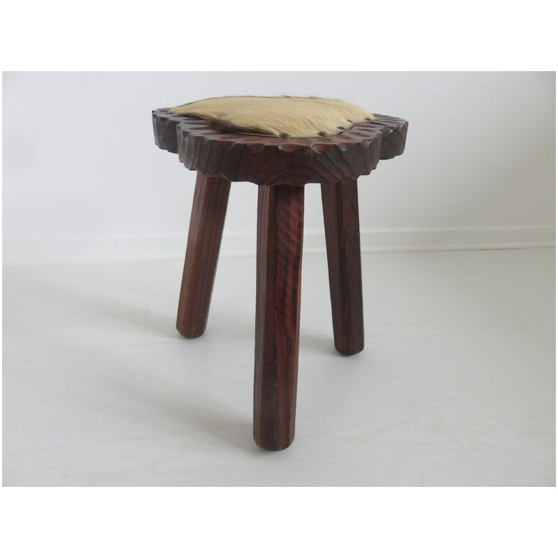 Vintage tripod stool with gouged cowhide seat, 1960