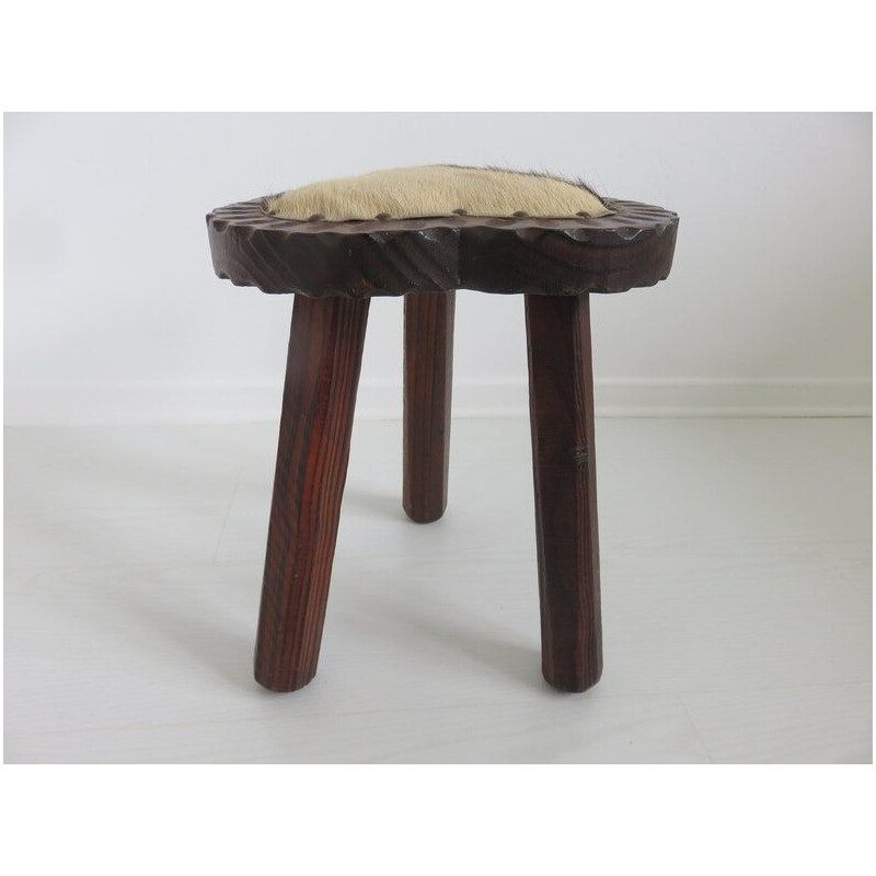 Vintage tripod stool with gouged cowhide seat, 1960