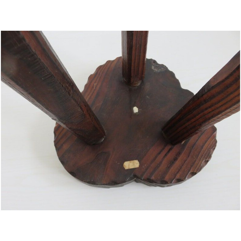 Vintage tripod stool with gouged cowhide seat, 1960