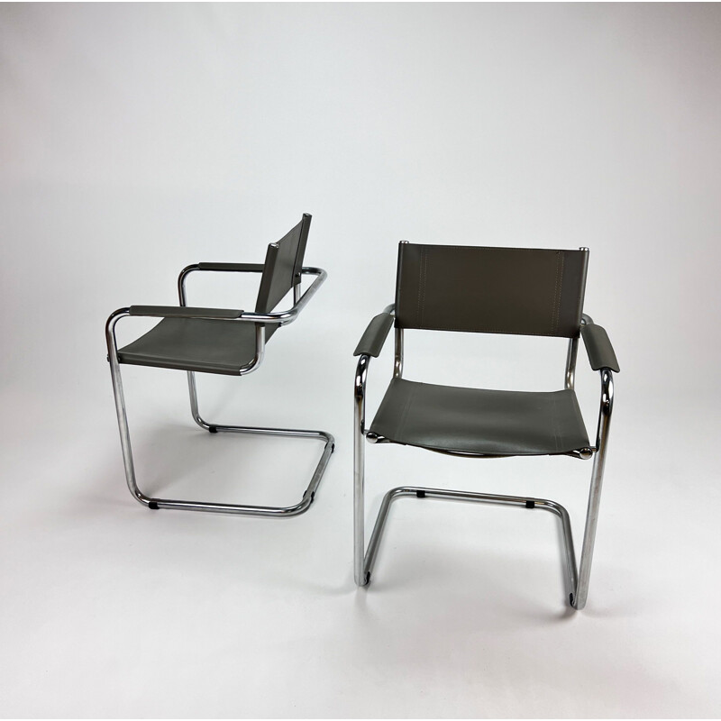 Pair of Bauhaus vintage cantilever tubular and leather armchairs, Italy 1970s
