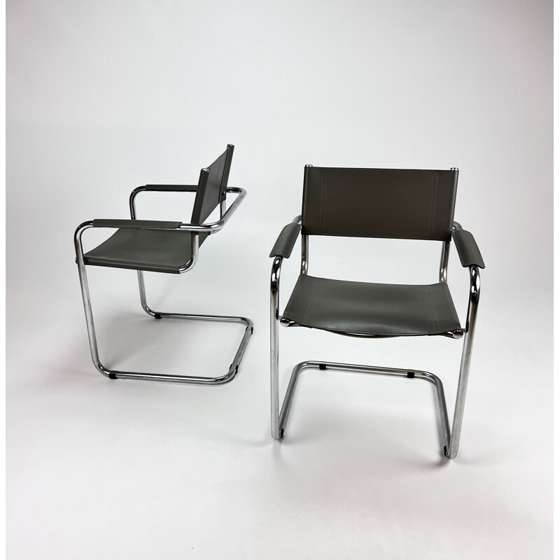 Pareja de sillones vintage de tubo y cuero de la Bauhaus, Italia 1970