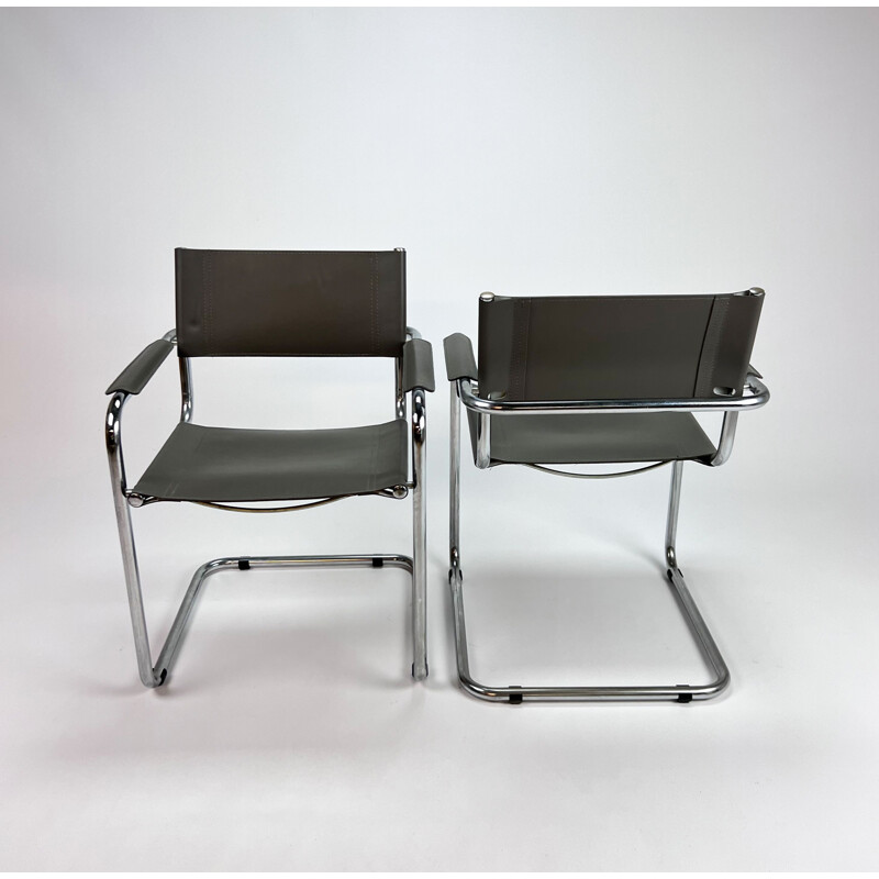 Pair of Bauhaus vintage cantilever tubular and leather armchairs, Italy 1970s