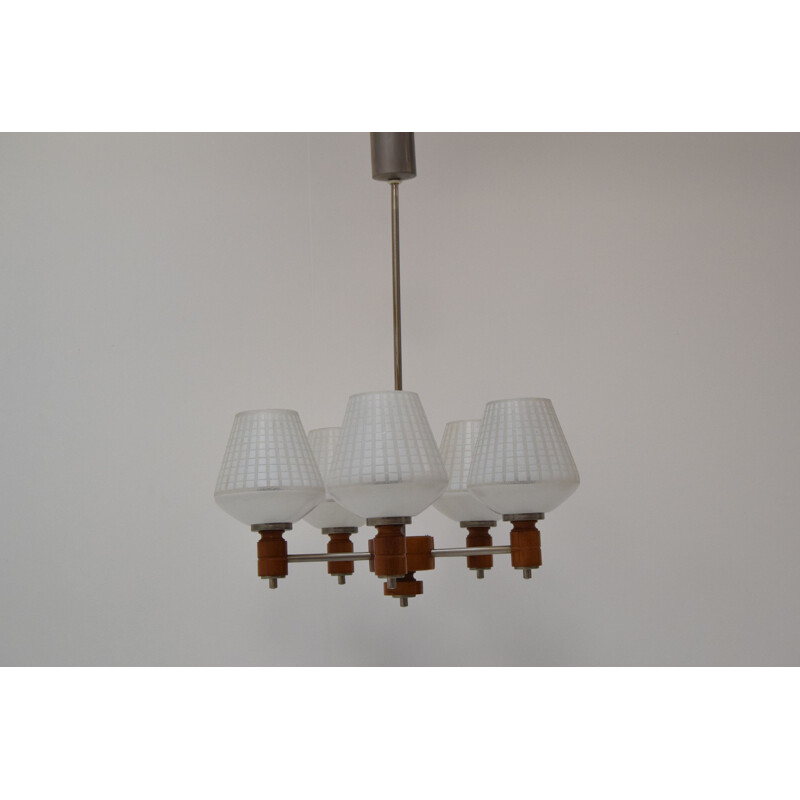 Vintage glass and wood chandelier, Czech 1970