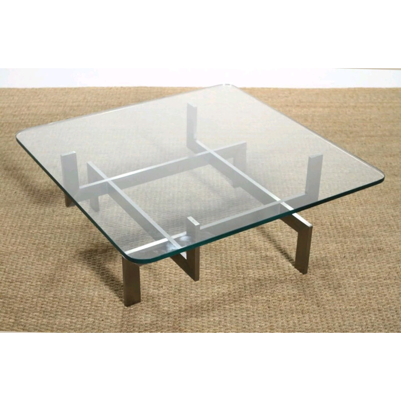 Mid century square coffee table in brushed steel, Paul LEGEARD - 1970s