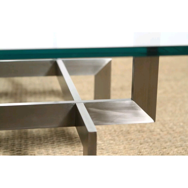 Table basse carrée en acier brossé, Paul LEGEARD - 1970