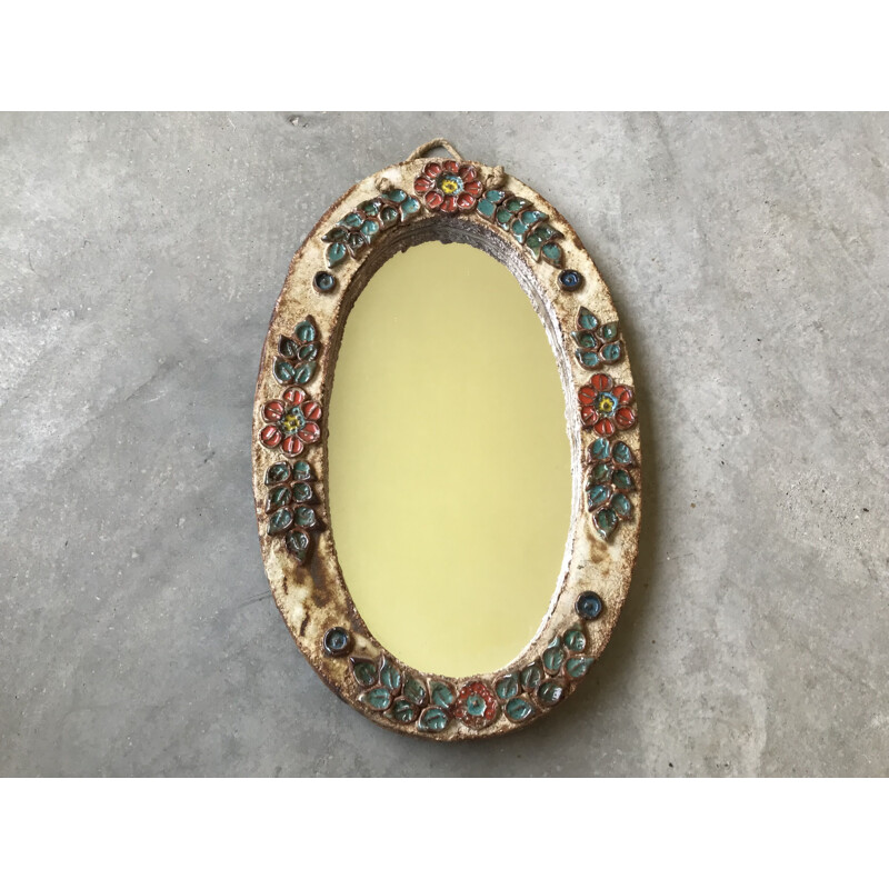 Miroir vintage en céramique à décor de fleurs, 1960-1970