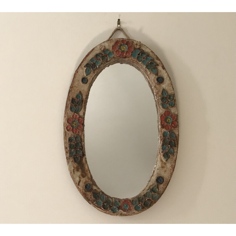 Vintage ceramic mirror with flower design, 1960-1970