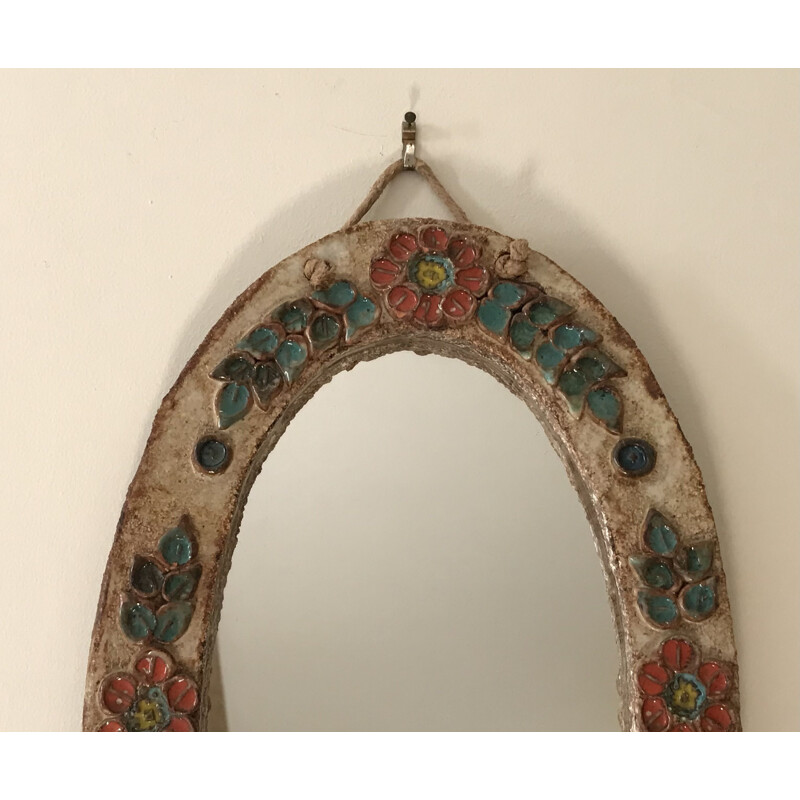 Vintage ceramic mirror with flower design, 1960-1970