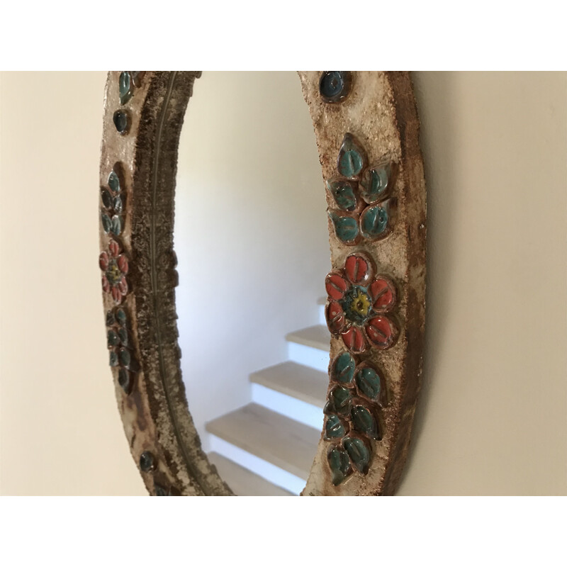 Vintage ceramic mirror with flower design, 1960-1970