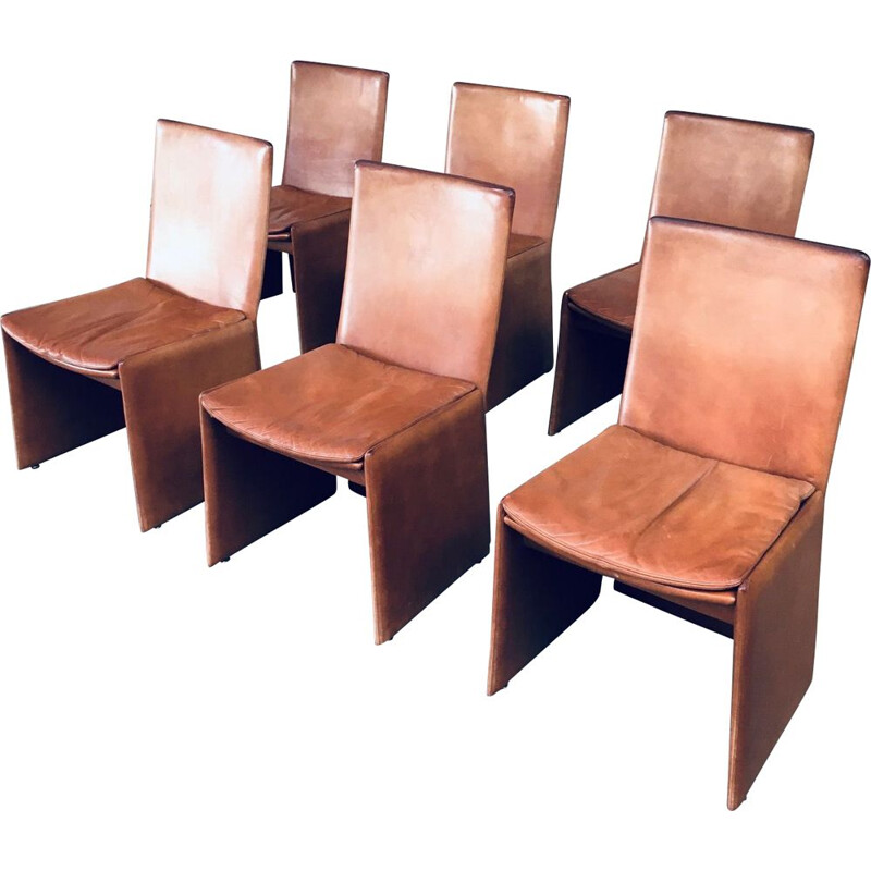 Ensemble de 6 chaises italien vintage postmoderne en cuir, Italie 1970